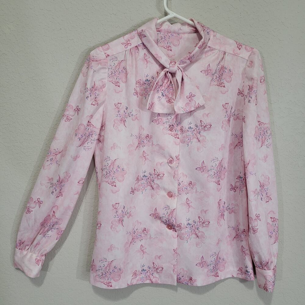 Handmade Vintage Blouse Womens S / M Pink Butterfly Floral Bow Neck Whimsical